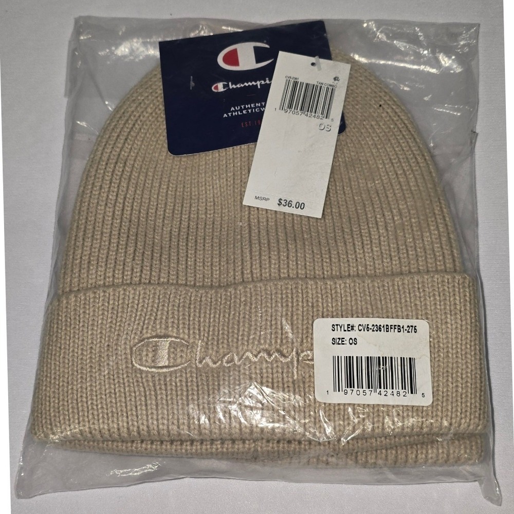 Champion 2 Beanie Tan Combo Ribbed Knit Cuffed Hat CV5-2361BFFB1-275 NWT OS‎